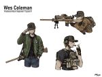  1boy absurdres aiming ammunition_pouch bangdog beard_stubble black_shirt blonde_hair blue_pants brown_gloves brown_jacket bulletproof_vest camouflage character_name covered_eyes denim ear_protection facial_hair field_cap fingerless_gloves gloves green_jacket gun hand_in_pocket hand_on_own_hat hand_up hat highres jacket jeans laser_sight m110_sass magazine_(weapon) male_focus multiple_scars multiple_views open_clothes open_jacket original pants pouch radio rifle scar scar_on_arm scar_on_face scope shirt short_hair smile smoking sniper_rifle stubble tactical_clothes torn_clothes torn_pants upper_body weapon 