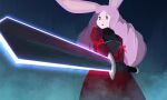  1girl animal_ears armor blue_background breastplate commentary cowboy_shot defender_rabbit dress greatsword highres holding holding_sword holding_weapon long_hair looking_at_viewer open_mouth purple_hair rabbit_and_steel rabbit_ears rabbit_girl red_dress red_eyes renmou13160 solo sunrise_stance sword weapon 