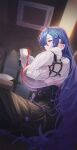  1girl absurdres arm_strap black_bra black_corset black_skirt black_survival blue_eyes blue_hair bra bra_visible_through_clothes breasts commentary corset cup eternal_return:_black_survival from_side hair_ornament hairclip highres holding holding_cup huge_breasts lenore_(black_survival) long_hair looking_to_the_side pouring pouring_onto_self puffy_sleeves schoppi_0731 see-through_clothes see-through_shirt shirt sitting skirt solo table teacher underwear very_long_hair white_shirt 