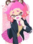  1girl animal_ear_hairband animal_ears artist_name bear_ear_hairband bear_ears black_jacket blush border bubble collared_shirt commentary_request cowboy_shot fake_animal_ears fang finger_to_mouth grey_eyes hairband hand_up happy_birthday heart highres inkling inkling_girl inkling_player_character jacket leaning_forward long_sleeves necktie open_mouth outside_border pink_background pink_hair pink_necktie pink_skirt pointy_ears shirt short_eyebrows short_hair skirt solo speech_bubble splatoon_(series) spoken_heart syoutoktaishi_63 tentacle_hair twitter_username vest white_border white_shirt yellow_vest 