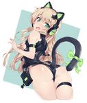  animal_ears ass bare_shoulders blush breasts cat_tail covering covering_breasts cropped_legs fake_animal_ears from_behind girls_frontline green_eyes headphones kylin light_brown_hair long_hair looking_back open_mouth pouch skindentation small_breasts solo tail tail_through_clothes thigh_strap tmp_(girls_frontline) torn_clothes white_background 