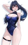  1girl :d absurdres arm_behind_head arm_up ayrinsama black_hair blue_eyes blue_hair blue_one-piece_swimsuit breasts cleavage_cutout clothing_cutout colored_inner_hair commentary covered_navel cowboy_shot hair_intakes highleg highleg_one-piece_swimsuit highres hololive hololive_english large_breasts looking_at_viewer multicolored_hair official_alternate_costume one-piece_swimsuit open_mouth ouro_kronii ouro_kronii_(holonatsu_paradise) smile solo swimsuit teeth thigh_strap upper_teeth_only virtual_youtuber 