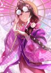  1girl absurdres antenna_hair aquact bandaged_arm bandages blush bow braid brown_hair cherry_blossoms eyewear_lift fate/grand_order fate_(series) flower glasses hair_bow hair_flower hair_ornament highres holding holding_umbrella japanese_clothes kimono long_hair looking_at_viewer oil-paper_umbrella ono_no_komachi_(fate) open_mouth pink_flower pink_kimono purple_eyes round_eyewear shawl single_braid smile solo umbrella wide_sleeves 