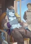  2boys animal_ears apron bara black_hair brown_jacket brown_pants bulge closed_eyes closed_mouth commentary cup english_commentary fate/grand_order fate_(series) fujimaru_ritsuka_(male) fur-trimmed_jacket fur_trim furry furry_male grey_fur highres holding holding_cup jacket maid maid_apron maid_headdress male_focus multiple_boys mumuthelion own_hands_together pants patxi_(fate) sitting smile tail wolf_boy wolf_ears wolf_tail 