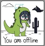  1girl animal_costume animal_hood aqua_halo aris_(blue_archive) black_hair blue_archive blue_eyes blush cactus commentary_request dinosaur doumu_(31678316) english_text google_chrome hair_between_eyes halo hood hood_up long_hair long_hair_between_eyes one_side_up open_mouth pterosaur rectangular_halo tyrannosaurus_rex 