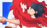  2girls baishi_kong_qi black_eyes black_hair blue_eyes chinese_commentary commentary eye_contact floating_hair highres lara_(sayonara_lara) long_hair looking_at_another multiple_girls ootsu_mari open_mouth parted_lips red_hair sayonara_lara short_hair smile yuri 