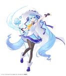  1girl :d absurdres armpits artist_name black_pantyhose blue_eyes blue_gloves blue_hair blue_shoes blue_skirt breasts cape commentary_request company_name copyright_notice figure_available fingerless_gloves full_body fuumi_(radial_engine) gloves hat hatsune_miku highres holding holding_wand leg_up merchandise_available musical_note official_art pantyhose second-party_source shirt shoes skirt smile snowflakes solo taito treble_clef twintails vocaloid wand web_address white_cape white_hat white_shirt yuki_miku yuki_miku_(2014) 