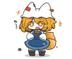  +++ 1girl black_boots blue_dress boots chibi collared_shirt commentary_request dress eyes_visible_through_hair fox_tail full_body grey_socks hat highres long_sleeves multiple_tails orange_eyes orange_hair sea_urchin shadow shirt short_eyebrows sleeveless sleeveless_dress sleeves_past_fingers sleeves_past_wrists socks solo standing tail thick_eyebrows touhou translation_request two_tails uni_souchou white_background white_hat white_shirt yakumo_ran 