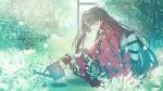  1girl absurdres artist_name black_hair black_shoes blurry blurry_foreground brown_gloves bug butterfly commentary_request copyright_name copyright_notice day floral_print floral_print_kimono from_side full_body gloves goraku_production grey_sash hand_up highres holding holding_watering_can japanese_clothes kimono long_hair long_sleeves looking_down mameko_(l8_w3) mole mole_under_eye obi obiage obijime ochinai_inaho one_side_up outdoors parted_lips plant print_kimono profile red_eyes red_kimono sash shoes solo squatting tucking_hair twitter_username very_long_hair virtual_youtuber watering_can watermark 