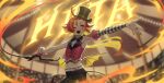 1girl :d ;d ahoge armpits artist_name bare_shoulders belt black_bow black_bowtie black_pants blurry blurry_background bow bowtie braid center_frills character_name circus commentary commission demon_tail english_commentary fangs fingernails fire frills hat highres hiita_(yu-gi-oh!) hiita_the_fire_charmer holding holding_whip indoors jewelry light_blush long_fingernails long_hair low_ponytail low_wings midriff nail_polish navel one_eye_closed open_mouth orange_hair orange_nails outstretched_arms pants pointy_ears ponytail red_eyes red_hair red_nails ring side_braid single_bare_arm single_braid slit_pupils smile solo spread_arms tail top_hat tostantan whip white_belt wings yu-gi-oh! 