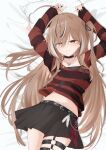  1girl absurdres ahoge asymmetrical_legwear belt black_bra black_choker black_nails black_skirt blush bra bra_strap brown_eyes brown_hair choker commentary condom condom_wrapper crossed_legs english_commentary feathers groin hair_tie heart heart-shaped_pupils highres hololive hololive_english jewelry leather_strap long_hair long_sleeves midriff multicolored_hair nanashi_mumei narukahana navel necklace on_bed pillow plaid_clothes plaid_skirt pleated_skirt red_sweater skirt smile streaked_hair striped_clothes sweater symbol-shaped_pupils torn_clothes underwear virtual_youtuber 