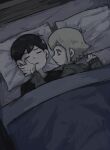  2boys antenna_hair bags_under_eyes basil_(faraway)_(omori) basil_(omori) bed black_hair blonde_hair blue_eyes closed_eyes highres looking_at_another lying multiple_boys omori open_mouth pillow sidelocks sunny_(omori) sweater tamponade tears under_covers wiping_tears 