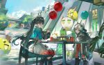  2girls absurdres arcane_(arknights) arknights arknights:_endfield balloon black_hair blue_eyes chair chen_qianyu_(arknights) chopsticks closed_eyes closed_mouth commentary dragon_girl dragon_horns dragon_tail eating english_commentary facial_mark floating_hair forehead_mark green_hair grey_hair highres holding holding_chopsticks horns long_hair long_sleeves multicolored_hair multiple_girls on_chair outdoors ponytail saturn_(saturn_illus) sitting skirt tail white_skirt 