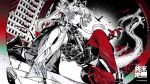  1girl animal_ears arcane_(arknights) arknights arknights:_endfield arm_support belt belt_pouch bird bird_ears bird_girl breasts coat crow curtained_hair facial_mark feet_out_of_frame floating_hair forehead_mark from_below gloves greyscale hand_up head_wings headgear high-waist_belt highres hood hood_down hooded_coat knee_up kyo_zip leotard long_hair looking_ahead medium_breasts monochrome official_art outdoors parted_bangs parted_lips pelvic_curtain ponytail pouch red_thighhighs sitting solo spot_color thighhighs two-sided_gloves underbust wings 