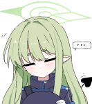  ... 1girl black_tail blue_archive blue_hat blue_jacket blush closed_eyes closed_mouth commentary demon_tail gloves green_hair green_halo halo hat hikari_(blue_archive) holding holding_unworn_clothes holding_unworn_hat jacket lmg7811 long_hair pointy_ears simple_background solo speech_bubble straight_hair tail thick_eyebrows train_conductor unworn_hat unworn_headwear upper_body white_background white_gloves 