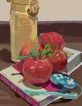  art_study book bottle commentary elias_(elusivelisa_) english_commentary food food_focus fruit highres mp3_player object_focus original still_life table tomato water_bottle 