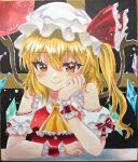  1girl absurdres alternate_costume ascot blonde_hair blush closed_mouth collared_shirt commentary_request crystal crystal_wings flandre_scarlet frilled_shirt_collar frilled_wrist_cuffs frills full_moon hand_on_own_cheek hand_on_own_face hat hat_ribbon highres looking_at_viewer mitsu~ mob_cap moon multicolored_wings one_side_up photo_(medium) red_eyes red_moon red_shirt red_wrist_cuffs ribbon shirt smile solo touhou traditional_media upper_body white_hat wings wrist_cuffs yellow_ascot 