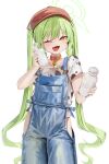  1girl absurdres beret birthday blue_archive bottle cow_print_shirt cowboy_shot denim denim_apron fang green_hair green_halo halo hat highres holding holding_bottle kraken_mikan long_hair milk_bottle nozomi_(blue_archive) one_eye_closed open_mouth simple_background solo twintails white_background yellow_eyes 