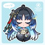  ... 1girl ahoge animalization artist_logo black_hair blue_hair closed_eyes colored_inner_hair commentary_request cropped_torso dog-san facing_viewer feather_hair hair_intakes hair_ornament highres holding jacket logo long_hair long_sleeves multicolored_hair open_mouth outline solo spoken_ellipsis straight-on suisui_(wuthering_waves) tacet_mark_(wuthering_waves) white_jacket white_outline wuthering_waves 