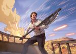  1boy black_pants blue_sky brown_hair day desert han_solo highres holding holding_polearm holding_weapon joshua_cairos laser outdoors pants polearm shirt short_hair signature sky solo star_wars star_wars:_return_of_the_jedi weapon white_shirt 