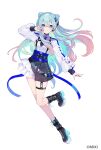  1girl blue_eyes blue_hair boots commentary_request full_body gradient_hair hair_ornament hand_on_own_face headphones high-waist_skirt highres long_hair long_sleeves looking_at_viewer monster_strike multicolored_hair neo_(monster_strike) official_alternate_costume official_art pink_hair platform_boots ribbon saine skirt solo thigh_strap white_background white_ribbon 