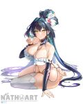 1girl absurdres aqua_hair ass bad_id bad_pixiv_id bare_shoulders barefoot bikini black_hair blush breasts cleavage closed_mouth colored_inner_hair detached_sleeves finger_heart goddess_of_victory:_nikke hair_intakes hair_ornament highres large_breasts little_mermaid_(nikke) little_mermaid_(shell_princess)_(nikke) long_hair multicolored_hair nathoart official_alternate_costume official_alternate_hairstyle shell shell_hair_ornament simple_background single_thighhigh smile stomach swimsuit thigh_strap thighhighs very_long_hair wet white_bikini white_thighhighs yellow_eyes 