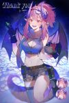  1girl black_gloves breasts brown_shorts cleavage cleavage_cutout clothing_cutout colored_tongue dragon_girl dragon_horns dragon_tail dragon_wings food fruit gloves grape_(vtuber) grapes highres holding holding_food holding_fruit horns indie_virtual_youtuber large_breasts legs midriff misu_(miisuuu) multiple_expressions navel one_eye_closed open_mouth pink_hair pointy_ears ponytail purple_horns purple_scales purple_shirt purple_tongue red_eyes scarf shirt shorts sleeveless sleeveless_shirt smile solo tail thigh_strap thighs virtual_youtuber wings 
