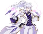  absurdres add_(elsword) black_neckwear cowboy_shot elsword gloves grin highres hwansang long_hair looking_away male_focus mastermind_(elsword) necktie official_art pants ponytail purple_eyes purple_shirt shirt silver_hair smile solo transparent_background white_coat white_gloves white_pants 