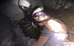  1girl ainz_ooal_gown albedo_(overlord) commentary_request dakimakura_(object) demon_girl dress gloves highres horns hugging_object lying ninjin_ika off-shoulder_dress off_shoulder overlord_(maruyama) pillow pillow_hug purple_hair white_dress white_gloves yellow_eyes 