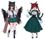  2girls :d absurdres adapted_costume animal_ear_fluff animal_ears arm_cannon asymmetrical_footwear atom bird_wings black_shoes black_socks black_sun black_wings blush bow braid breasts brown_eyes brown_hair canonball_(dungigi12) cape cat_ears cat_tail chest_eye collared_shirt commentary_request control_rod_(touhou) dress feathered_wings fire flaming_skull floating_skull frilled_skirt frills green_bow green_dress green_skirt hair_bow highres kaenbyou_rin korean_commentary long_hair long_sleeves looking_at_viewer multiple_girls multiple_tails nekomata open_mouth red_eyes red_hair reiuji_utsuho shirt shoes skirt skull smile socks sun tail thighs third_eye touhou twin_braids two_tails uneven_footwear v weapon white_cape white_shirt wings 