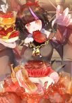  1girl absurdres animal_ears aquact bat_ears bat_wings black_hair blunt_bangs blush boned_meat bow breasts burger chain chain_necklace claw_pose detached_sleeves ear_ornament eating fang fingernails food food_in_mouth highres holding holding_food horse_girl jewelry large_breasts long_fingernails looking_at_viewer meat meat_day multicolored_hair necklace original pink_hair plate purple_hair sharp_fingernails short_hair signature solo sparkle streaked_hair upper_body wings yellow_eyes 