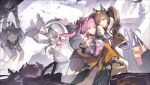  4girls :o absurdres ahchuh ahoge angelina_(arknights) animal_ear_fluff animal_ears arknights arknights:_endfield bare_shoulders black_dress black_gloves blue_eyes blunt_bangs brown_hair coat commentary cropped_jacket demon_girl demon_horns detached_sleeves dragon_girl dragon_horns dragon_tail dress elbow_gloves english_commentary eyepatch fox_ears fox_girl gilberta_(arknights) gloves grey_dress grey_hair hair_intakes hair_on_horn hand_on_another's_shoulder hand_up headgear highres horns horns_through_headwear long_hair looking_at_another looking_at_viewer multicolored_horns multiple_girls nun_headdress off_shoulder one_eye_closed one_eye_covered open_clothes open_coat open_mouth orange_coat pink_hair pink_horns pointy_ears sleeveless sleeveless_dress spaghetti_strap tail tail_raised tangtang_(arknights) tiger_ears tiger_girl toaster twintails two-tone_horns xaihi_(arknights) yellow_eyes yuri yvonne_(arknights) 