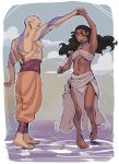  1boy 1girl aang absurdres arrow_(symbol) arrow_tattoo avatar:_the_last_airbender avatar_legends bare_legs barefoot brown_hair couple hair_rings head_tattoo highres holding_hands katara navel scar standing standing_on_liquid stomach strawderryst tattoo 