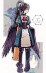  1girl absurdres alternate_costume alternate_hairstyle arm_cannon atom bird_wings boots brown_hair brown_wings chest_eye commentary_request control_rod_(touhou) dress feathered_wings frilled_dress frills full_body green_dress high_heel_boots high_heels highres long_hair looking_to_the_side ponytail puffy_short_sleeves puffy_sleeves purple_boots red_eyes reiuji_utsuho reiuji_utsuho_(bird) short_sleeves solo third_eye touhou uninosono watermark weapon white_dress wings zoom_layer 