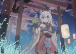  1girl animal_ears bell black_gloves blue_eyes bouhuman bow bowtie breasts cherry_blossoms closed_mouth commission cowboy_shot detached_sleeves fox_ears gloves grass green_eyes hakama hakama_skirt holding holding_lantern japanese_clothes jingle_bell kagura_suzu lantern miko mitsudomoe_(shape) night original outdoors paper_lantern petals pleated_skirt red_bow red_bowtie red_skirt short_hair shrine skeb_commission skirt smile solo standing tail tomoe_(symbol) torii tree twintails white_hair wide_sleeves yin_yang 