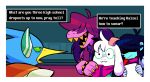  1girl 1other 2boys akanemnon androgynous animal_ears antenna_hair armlet berdly_(dark_world)_(deltarune) berdly_(deltarune) bird_boy black_hair blue_skin bracelet closed_mouth colored_sclera colored_skin colored_teeth commentary deltarune english_commentary english_text fangs furry furry_female furry_male glasses green-framed_eyewear green_sclera hair_over_eyes horns jewelry kris_(dark_world)_(deltarune) kris_(deltarune) long_hair looking_at_another multiple_boys open_mouth pink_scarf purple_hair purple_skin ralsei reptile_girl round_eyewear scarf shaded_face sharp_teeth skin_fangs solid_circle_eyes spiked_armlet spiked_bracelet spikes susie_(dark_world)_(deltarune) susie_(deltarune) teeth utdr_(toby_fox) yellow_teeth 