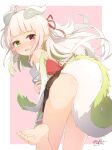  1girl ass barefoot black_skirt blush border commentary_request commission coreytaiyo dated feathered_wings feet foreshortening gradient_wings green_eyes green_hair green_wings grey_hair heterochromia highres horns long_hair looking_at_viewer looking_back multicolored_hair multicolored_wings no_panties nose_blush off-shoulder_shirt off_shoulder one_side_up open_mouth original pink_background pleated_skirt pointy_ears red_eyes red_hair shirt signature skeb_commission skirt soles solo streaked_hair tail toes two-tone_hair very_long_hair wavy_mouth white_border white_shirt white_wings wings 