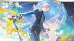  2boys ardashir_(arknights) arknights arknights:_endfield bishounen black_gloves black_horns black_pants black_shirt blindfold_mask blue_eyes blue_jacket cane chinese_commentary coin commentary_request copyright_logo copyright_notice cowboy_shot endministrator_(arknights) flower from_side gloves highres holding holding_cane holding_coin hood hood_down hooded_coat horns jacket logo long_hair looking_at_viewer low_ponytail male_endministrator_(arknights) male_focus mask multiple_boys official_art open_clothes open_jacket pants parted_lips partially_fingerless_gloves pointy_ears ponytail shirt short_hair snake_boy tail_around_own_leg turtleneck white_flower white_hair yunmaojan 
