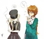  2girls black_necktie blonde_hair blue_eyes braid braided_ponytail brown_hair christ-chan collar cross cross_necklace drawfag dress flying_sweatdrops green_dress grey_shirt grey_skirt hair_over_one_eye high-waist_skirt jewelry long_hair messy_hair multiple_girls nazi necklace necktie nervous open_collar open_mouth original overall_skirt rachel_purity reichsadler shirt skirt smoking speech_bubble totenkopf very_long_hair white_collar 