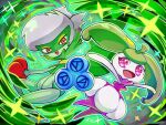  2girls full_body green_background multiple_girls open_mouth outstretched_arms pink_eyes pokemon pokemon_(creature) red_eyes roserade runachikku sparkle spread_arms steenee twitter_username 