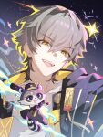  1boy absurdres animalization black_coat caelus_(honkai:_star_rail) chinese_commentary coat commentary_request grey_hair hair_between_eyes highres honkai:_star_rail honkai_(series) hood hooded_coat multicolored_coat open_clothes open_coat open_mouth person_and_animalization short_hair snowcake47 solo trailblazer_(baseball_raccoon)_(honkai:_star_rail) trailblazer_(honkai:_star_rail) two-sided_coat two-sided_fabric two-tone_coat upper_body yellow_coat yellow_eyes 