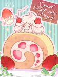  >_< 1other alcremie alcremie_(strawberry_sweet) blue_background cake closed_mouth commentary_request dated dot_mouth english_text evolutionary_line food fruit milcery plate pokemon pokemon_(creature) red_eyes runachikku sparkle strawberry striped_background swiss_roll 
