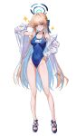  1girl :t absurdres alternate_costume ass_visible_through_thighs blonde_hair blue_archive blue_eyes blue_hair blue_halo blue_nails blue_one-piece_swimsuit breasts breasts_apart closed_mouth colored_inner_hair commentary covered_navel english_commentary fingernails full_body gwinggwing halo hand_on_own_hip hand_up highleg highleg_one-piece_swimsuit highres light_blush long_hair looking_at_viewer medium_breasts multicolored_hair nail_polish one-piece_swimsuit see-through_clothes see-through_sleeves shirt simple_background solo standing swimsuit toki_(blue_archive) v v_over_head very_long_hair white_background white_shirt 
