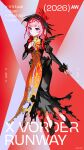  1girl absurdres ascot black_dress black_headdress black_shoes blue_eyes commentary_request double_bun dress hair_bun highres kaf_(kamitsubaki_studio) kamitsubaki_studio long_sleeves medium_hair mika_pikazo parted_lips pink_hair pink_lips red_background red_dress red_pupils second-party_source shoes solo virtual_youtuber x_vorder_runway yellow_ascot yellow_pupils 