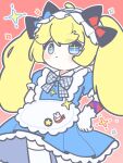 1girl :> ahoge alice's_adventures_in_wonderland alice_(alice_in_wonderland) alice_(alice_in_wonderland)_(cosplay) apron blonde_hair blue_bow blue_bowtie blue_dress blue_eyes blush bow bowtie clear_(djmax) closed_mouth commentary contrast_collar cosplay cowboy_shot djmax djmax_respect dot_nose double-parted_bangs doyagao dress frilled_skirt frills hands_on_own_hips highres littlesoin long_hair outline patchwork_skin plaid_bow plaid_bowtie plaid_clothes puffy_short_sleeves puffy_sleeves rabbit_ornament red_background red_bow short_sleeves sidelocks sideways_glance skirt smile smug solo sparkle star_(symbol) swept_bangs thighhighs twintails v-shaped_eyebrows waist_apron white_apron white_headdress white_outline white_thighhighs 