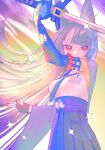  1girl absurdres animal_ears aqua_jacket arm_up black_hair black_necktie black_skirt commentary_request fingerless_gloves fox_ears fox_girl gauntlets gloves haniremon high-waist_skirt highres holding holding_sword holding_weapon hoshimi_miyabi jacket katana long_hair looking_at_viewer necktie red_eyes shirt single_fingerless_glove single_gauntlet skirt solo sword upper_body weapon white_shirt zenless_zone_zero 