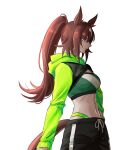  1girl animal_ears black_pants breasts brown_hair commentary_request delia940927 green_shrug green_sports_bra hair_between_eyes highres hooded_shrug horse_ears horse_girl horse_tail long_hair medium_breasts midriff multicolored_hair navel pants panty_straps ponytail red_eyes shrug_(clothing) simple_background sirius_symboli_(umamusume) solo sports_bra streaked_hair tail umamusume white_background 