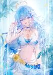 1girl :d absurdres bare_shoulders bikini blue_eyes blue_hair blush book bow breasts choker cleavage cowboy_shot flower hair_bow hair_ornament halo hand_up head_wings highres honkai:_star_rail honkai_(series) jewelry large_breasts long_hair looking_at_viewer navel necklace open_mouth robin_(honkai:_star_rail) robin_(summeretto)_(honkai:_star_rail) skirt smile solo star_(symbol) star_hair_ornament stomach swimsuit very_long_hair white_bikini wings yellow_flower zhuguang_xu 