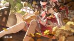  1girl absurdres animal_on_lap ascot blurry bow brown_eyes brown_hair c2215721819 cat cat_on_lap chest_sarashi chinese_commentary closed_mouth commentary_request depth_of_field detached_sleeves fox_mask frilled_bow frilled_hair_tubes frilled_skirt frills hair_bow hair_tubes hakurei_reimu highres long_hair looking_at_viewer mask mask_on_head on_lap plant red_bow red_skirt ribbon-trimmed_sleeves ribbon_trim sarashi sitting skirt skirt_set smile solo touhou yellow_ascot 