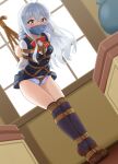  1girl ahoge arms_behind_back bdsm bent_over black_thighhighs bondage bound bow bowtie braid breasts cloth_gag commentary_request crying elaina_(majo_no_tabitabi) gag gagged grey_eyes grey_hair improvised_gag indoors long_hair looking_at_viewer majo_no_tabitabi medium_breasts mukanata panties pantyshot red_bow red_bowtie restrained shibari shirt solo suspension thighhighs underwear white_panties white_shirt 